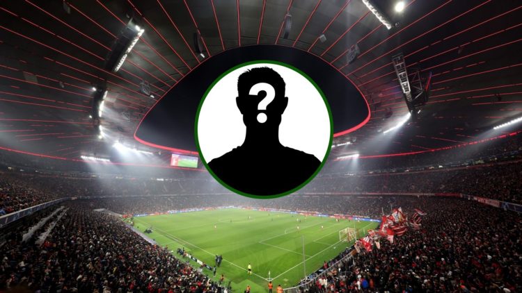 Image of Bayern Munich's stadium the Allianz Arena with an overlay of a mystery Celtic player.