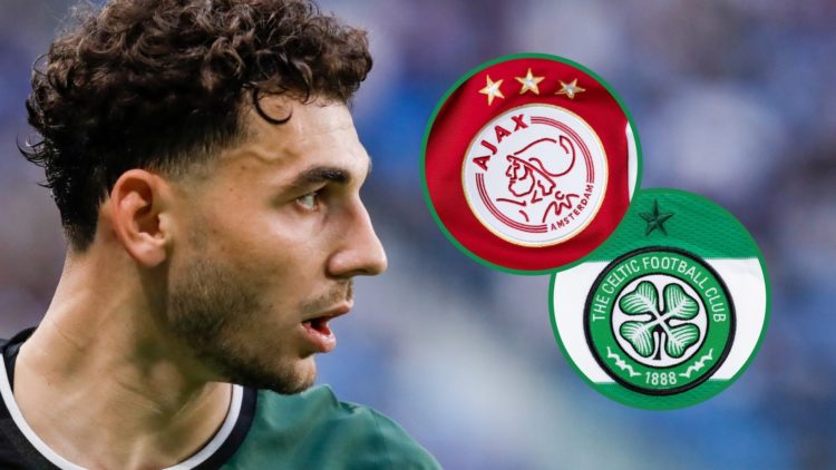 Krasnodar's Eduard Spertsyan looks on left and Ajax and Celtic badges inset right