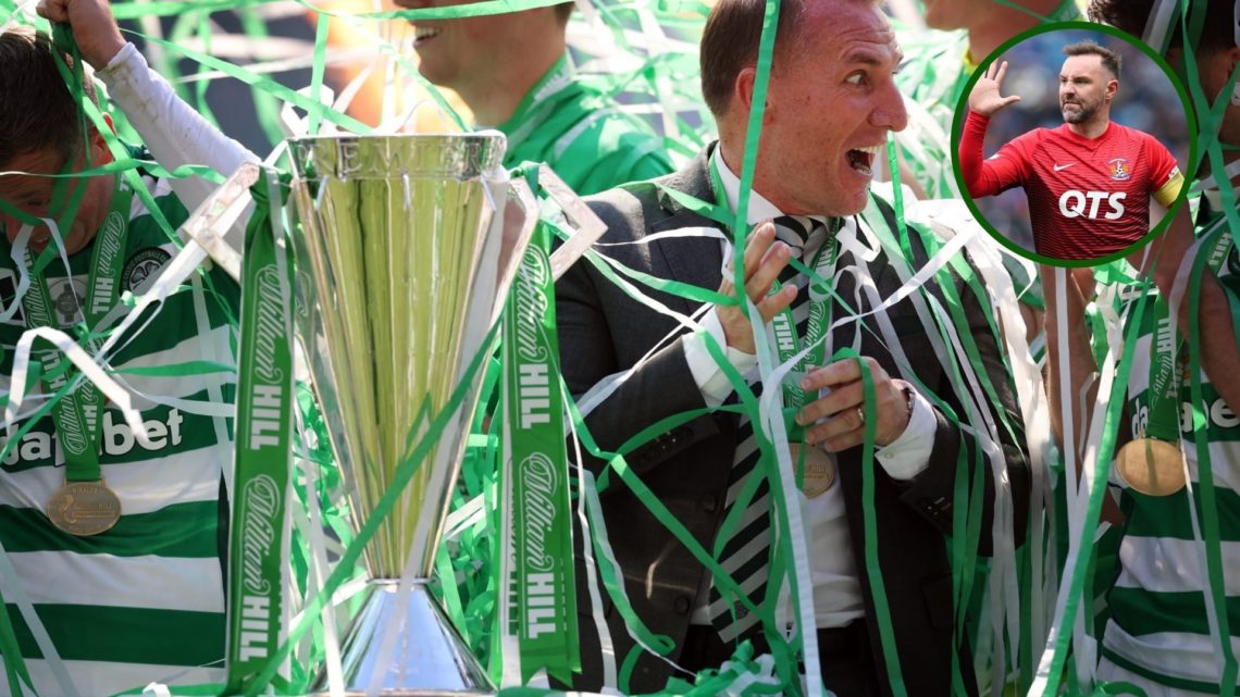 Image of Celtic manager Brendan Rodgers at Celtic Park lifting the Scottish Premiership trophy after the draw with St Mirren with an overlay of for...