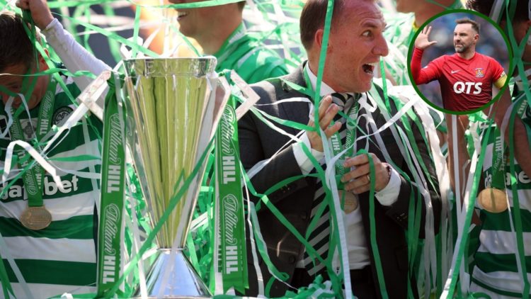 Image of Celtic manager Brendan Rodgers at Celtic Park lifting the Scottish Premiership trophy after the draw with St Mirren with an overlay of for...