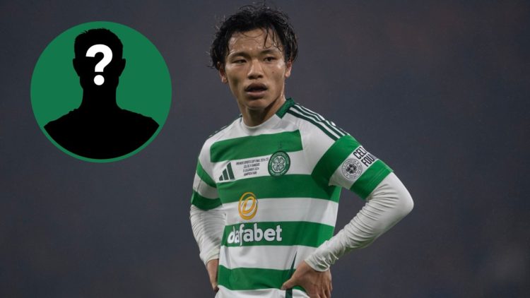 Reo Hatate in action for Celtic during the Scottish League Cup final against Rangers, an inset of a mystery figure