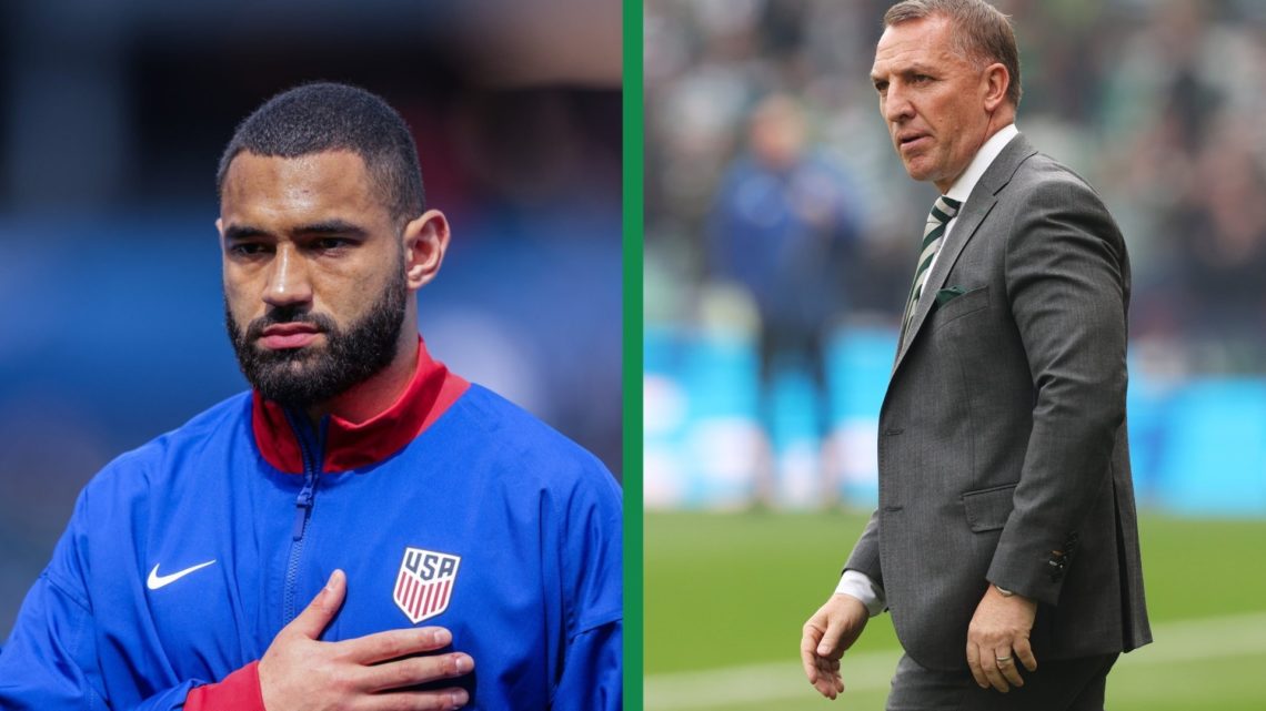 A split image of Cameron Carter-Vickers during the United States of America national anthem, including Brendan Rodgers looking dejected after Celti...