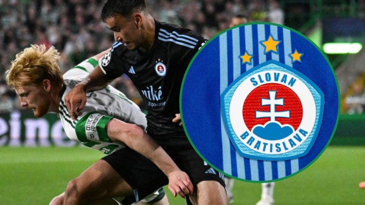 David Strelec battles with Liam Scales during Celtic vs Slovan Bratislava left and Slovan Bratislava badge right inset
