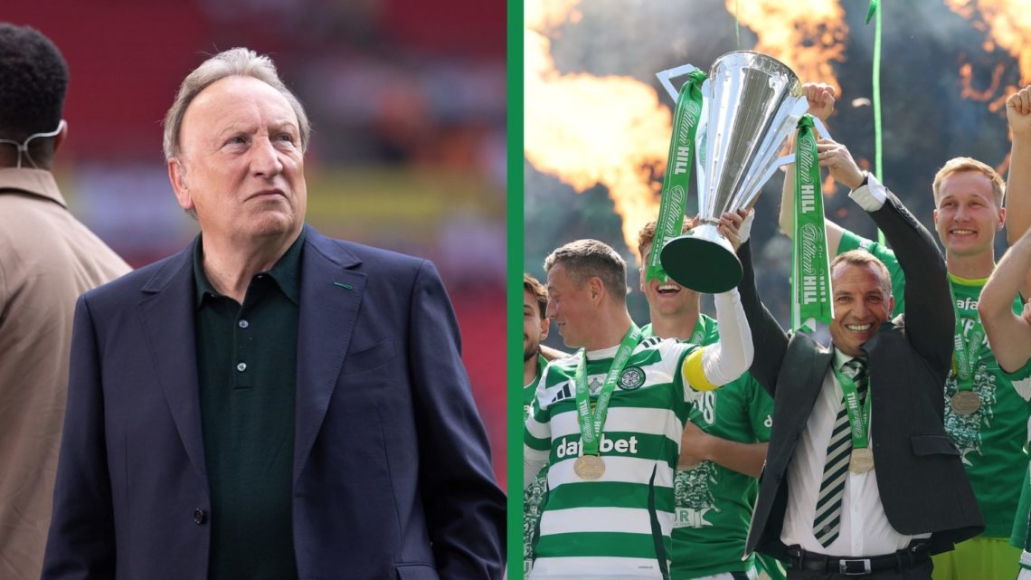 A split image of Neil Warnock at Wembley and Celtic manager Brendan Rodgers lifting the Premiership title.