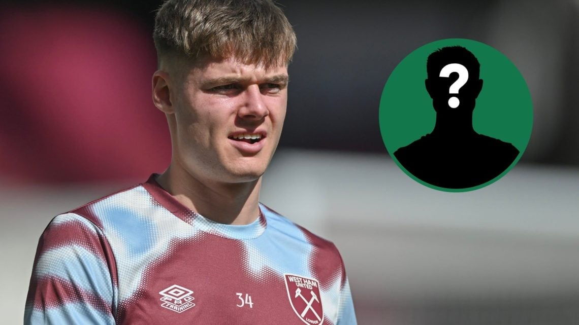 Evan Ferguson warms up for West Ham United during a Premier League game, an inset of a mystery figure