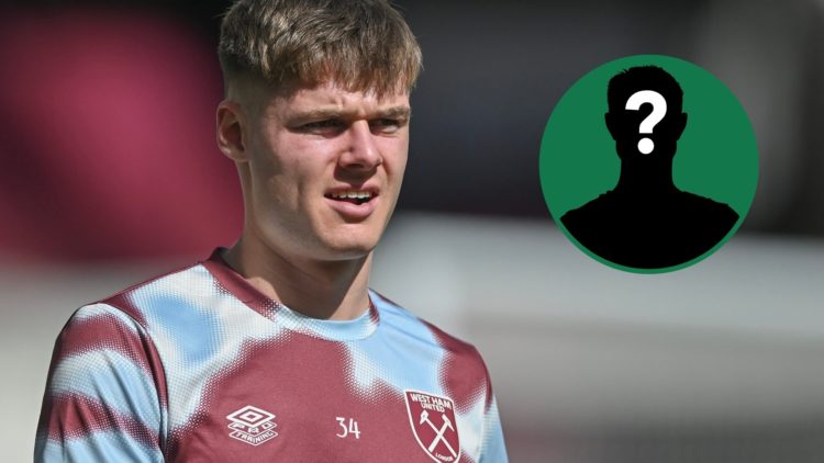 Evan Ferguson warms up for West Ham United during a Premier League game, an inset of a mystery figure