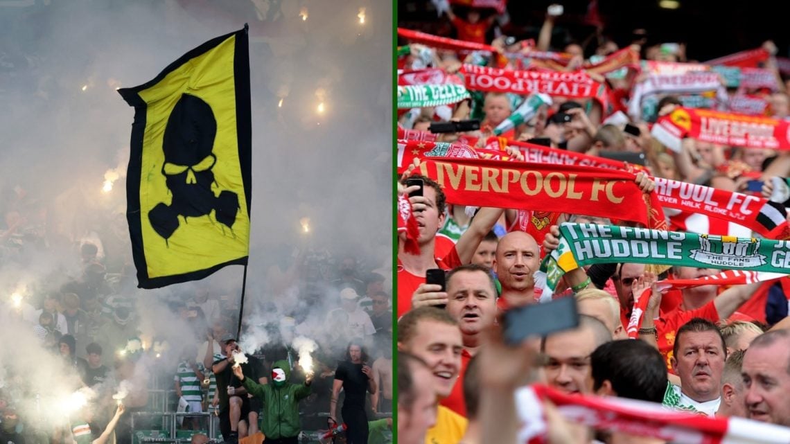 Split image of Celtic fans enjoying Trophy Day vs St Mirren and Liverpool fans taking in a pre-season friendly vs Celtic at Anfield.