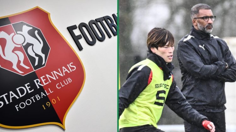Stade Rennais badge on the wall left and Kyogo Furuhashi training for Rennes with manager Habib Beye watching on right