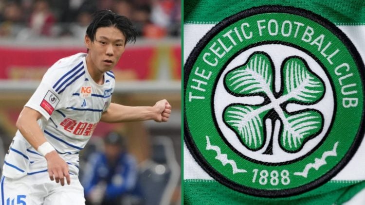 Albirex Niigata defender Hayata Inamura passes the ball left and Celtic badge shown on home jersey right