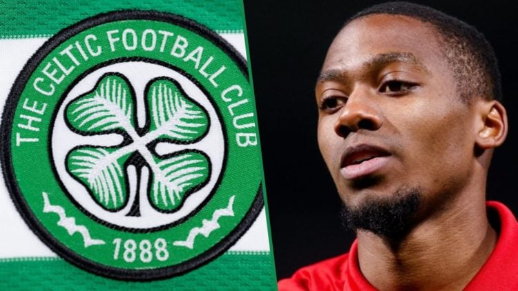 Celtic badge shown on home jersey left and Michel-Ange Balikwisha playing for Royal Antwerp right
