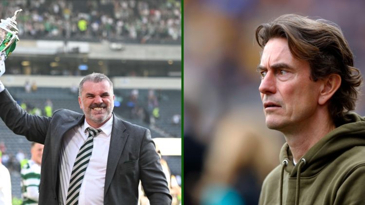 Split image of Tottenham boss Thomas Frank at Brentford looking at former Celtic boss Ange Postecoglou celebrating winning the Scottish Cup.