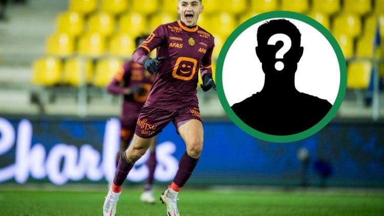 Former Celtic player Marian Shved celebrating scoring a goal whilst out on loan, including an inset of a mystery player.