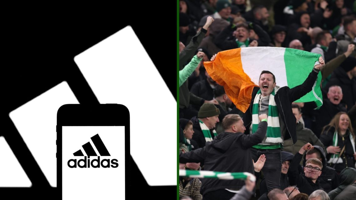 Split image of Celtic fans vs Aston Villa in the Champions League and the German sportswear giant Adidas logo.
