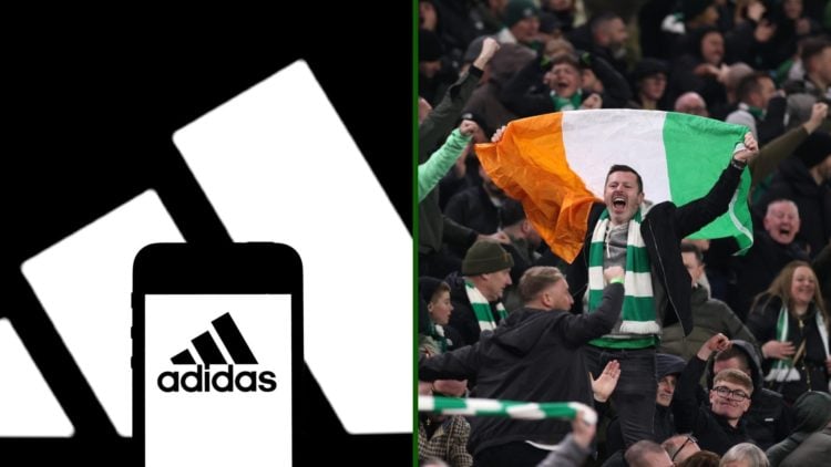 Split image of Celtic fans vs Aston Villa in the Champions League and the German sportswear giant Adidas logo.