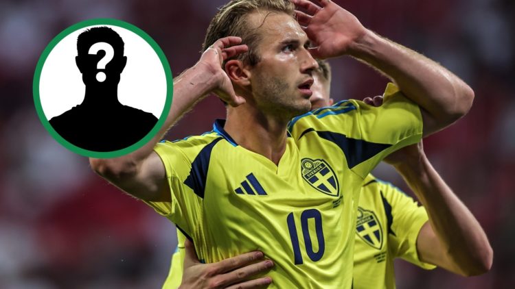 Celtic transfer target Benjamin Nygren scoring for Sweden, including an inset of a mystery player.