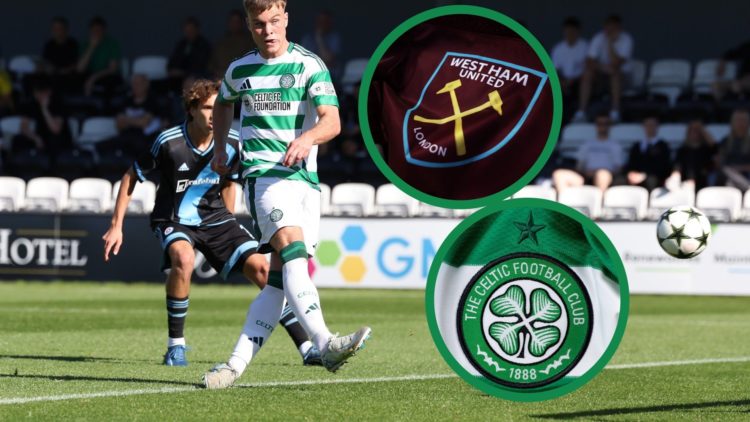 Daniel Cummings scoring for Celtic in the UEFA Youth League, including an inset of the West Ham United and Celtic badges.