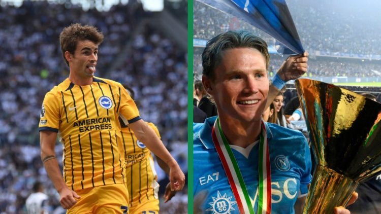A split image of Celtic hero Matt O'Riley celebrating for Brighton against Tottenham, including Scott McTominay celebrating Napoli's Serie A title ...