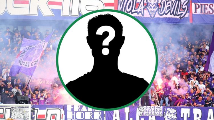 FK Austria Wien fans celebrating with flags and pyro background with Celtic mystery figure overlay inset centre
