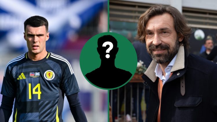 Lennon Miller of Scotland looks on during the match between Liechtenstein and Scotland, inset of a mystery man, Andrea Pirlo arrives at an awards c...