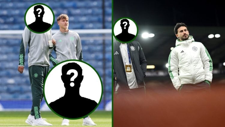 Split image of Celtic stars Gustaf Lagerbielke and Odin Thaigo Holm at Ibrox just before playing Rangers and Maik Nawrocki and Nicolas Kuhn before ...