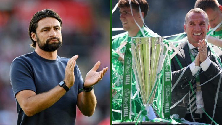 New Rangers boss Russell Martin and Celtic manger Brendan Rodgers celebrating winning the Scottish Premiership title.