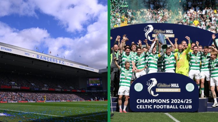 A split image of Ibrox for the Glasgow derby between Rangers and Celtic, and the Celtic players lifting the Premiership title.