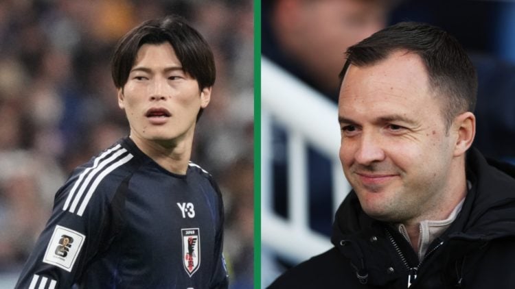 A split image of Celtic hero Kyogo Furuhashi in action for Japan, and former Celtic coach Chris Davies in charge of Birmingham City.