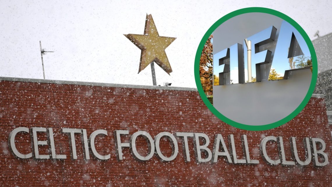 An outside view of Celtic Football Club, including an inset of the FIFA logo outside of their headquarters in Switzerland.