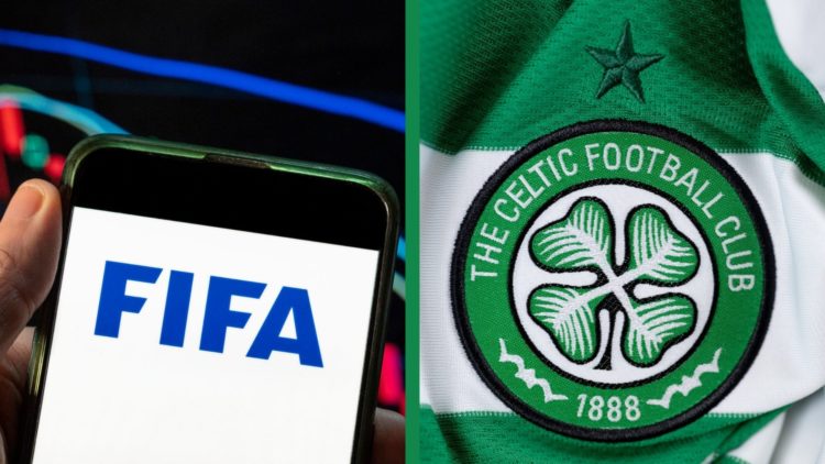 A split image of the FIFA logo being displayed on a phone, and a close-up of the badge of Celtic FC.