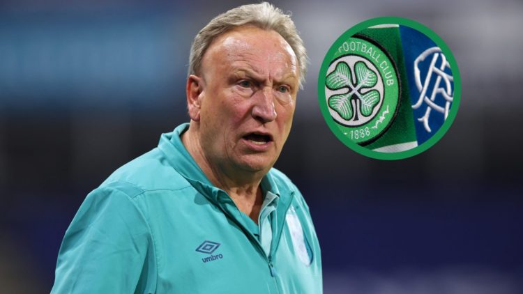 Neil Warnock as the manager of Huddersfield Town, including an inset of the Celtic and Rangers badges.