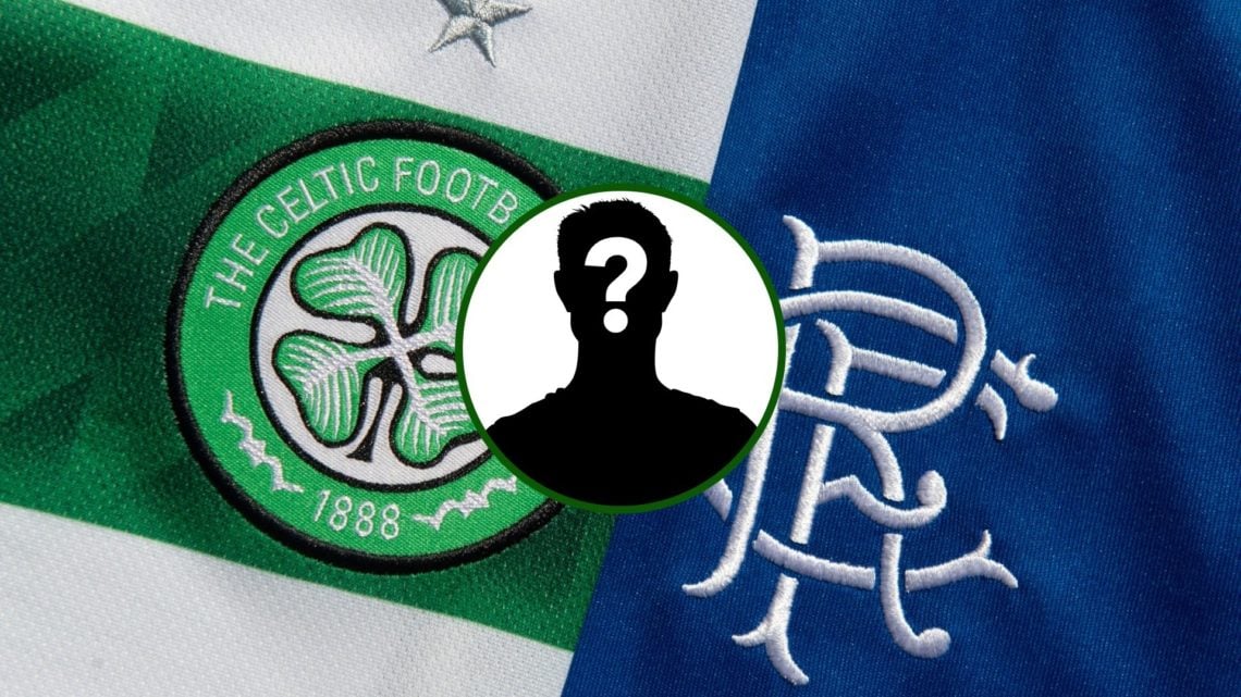 Image of the Celtic and Rangers badges with an overlay of a mystery former Celtic star.