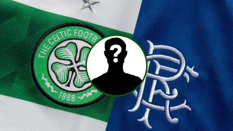 Image of the Celtic and Rangers badges with an overlay of a mystery former Celtic star.