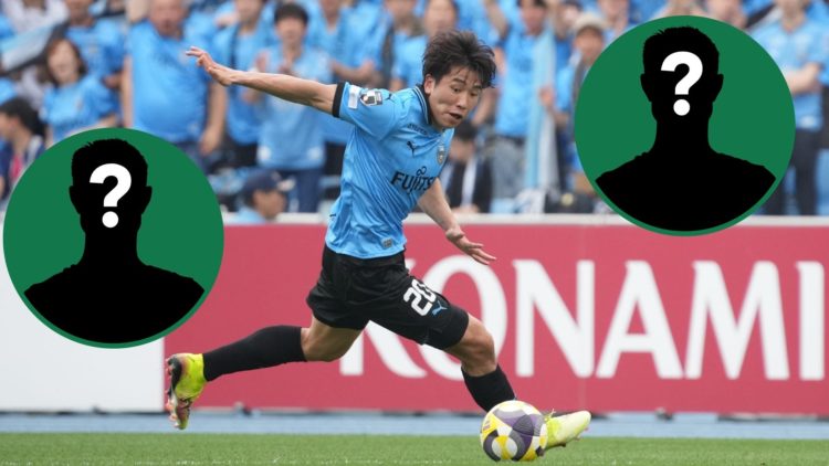 Shin Yamada of Kawasaki Frontale on the ball during a J League fixture, two insets of mystery men