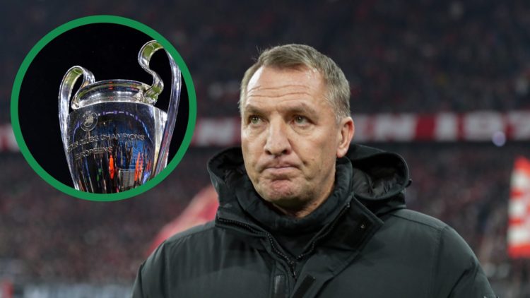 Brendan Rodgers looking on during Celtic's Champions League clash at Bayern Munich, including an inset of the Champions League trophy.
