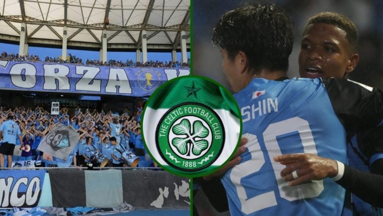 Split image of Kawasaki Frontale fans and Shin Yamada amid transfer interest from Celtic.