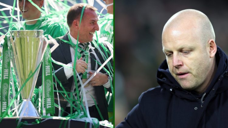Split image of Celtic boss Brendan Rodgers celebrating lifting the Scottish Premiership trophy at Celtic Park and former Hearts boss and Rangers st...