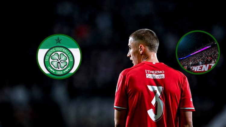 Image of Celtic defender Gustaf Lagerbielke whilst on loan at FC Twente in the Dutch Eredivisie with an overlay of the Celtic badge and FC Twente f...
