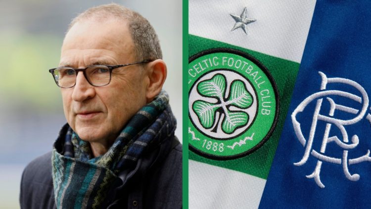 A split image of Martin O'Neill as a pundit, including the badges of Celtic and Rangers.