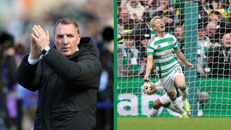 A split image of Brendan Rodgers applauding the fans after Celtic's Scottish Cup semi-final win over St Johnstone and Daizen Maeda scoring for Celtic.