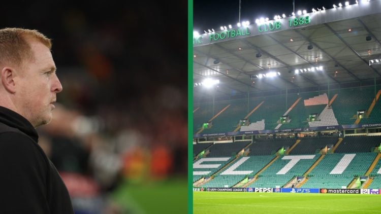 A split image of Celtic legend Neil Lennon as the manager of AC Omonia, and a view inside Celtic Park.
