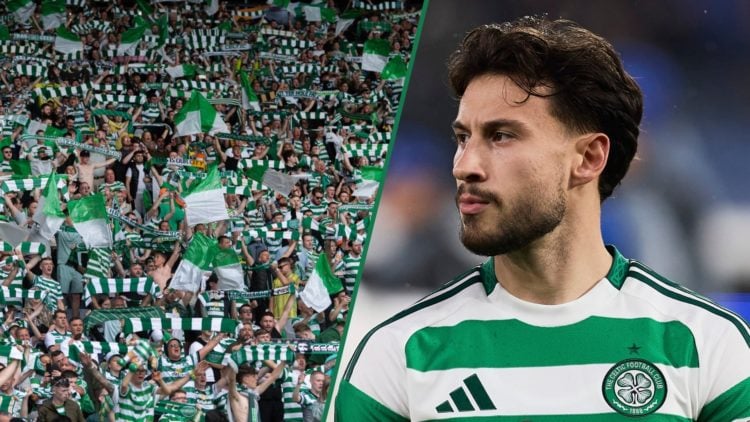 Celtic fans show their support before the Scottish Cup final against Rangers at Hampden Park, Nicolas Kuhn looks on during Celtic's Champions Leagu...