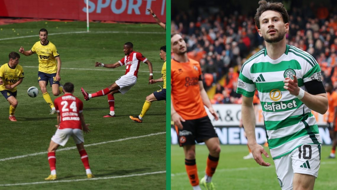A split image of Michel-Ange Balikwisha in action for Royal Antwerp and Nicolas Kuhn scoring for Celtic.