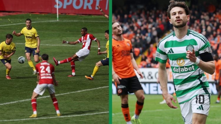 A split image of Michel-Ange Balikwisha in action for Royal Antwerp and Nicolas Kuhn scoring for Celtic.
