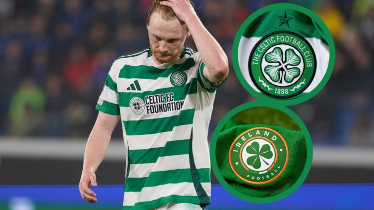 Liam Scales in action for Celtic, including insets of the Celtic and Republic of Ireland badges.
