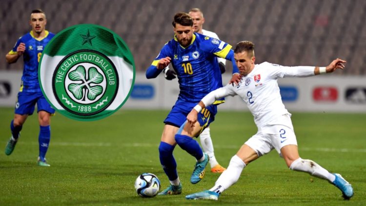 Said Hamulic tries to fend off a challenge from a Slovakian defender while playing for Bosnia and Herzegovina, an inset of the Celtic badge