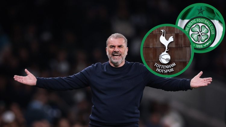 Tottenham Hotspur manager Ange Postecoglou looking frustrated, including two insets of the Celtic and Spurs badges.