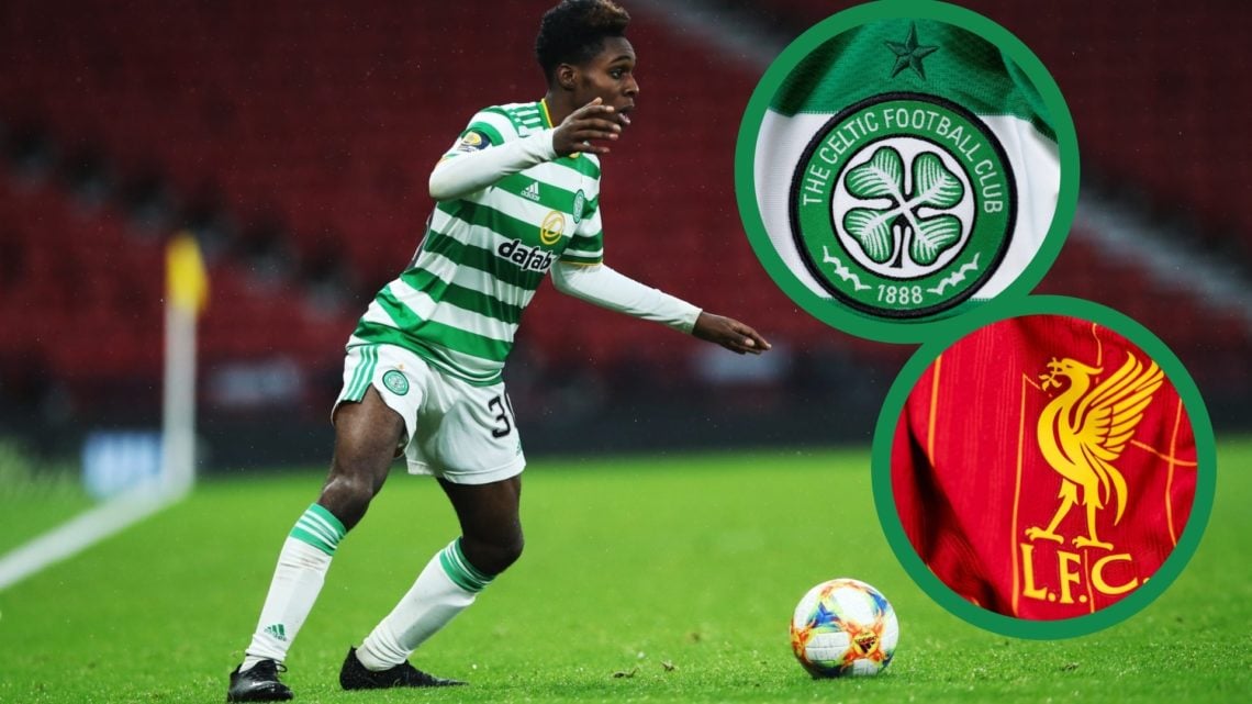 Jeremie Frimpong in action for Celtic, including insets of the Liverpool and Celtic badges.