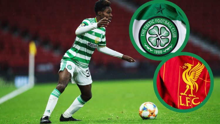 Jeremie Frimpong in action for Celtic, including insets of the Liverpool and Celtic badges.