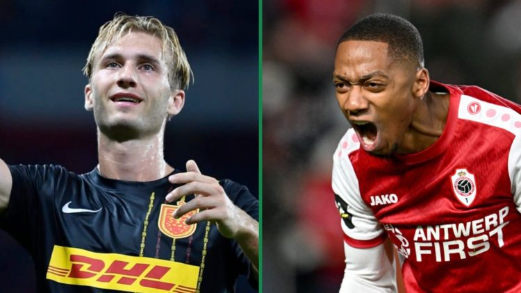 Benjamin Nygren celebrating for FC Nordsjælland left and Michel-Ange Balikwisha celebrating after scoring a goal for Royal Antwerp right