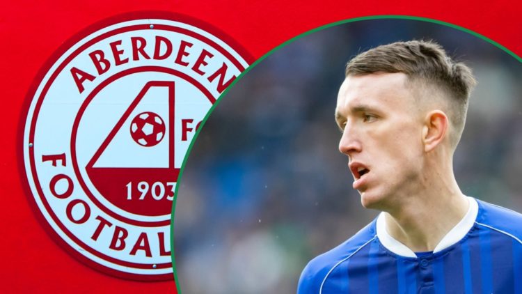 Aberdeen badge shown outside of Pittodrie Stadium left and former Celtic player David Turnbull playing for Cardiff City right inset